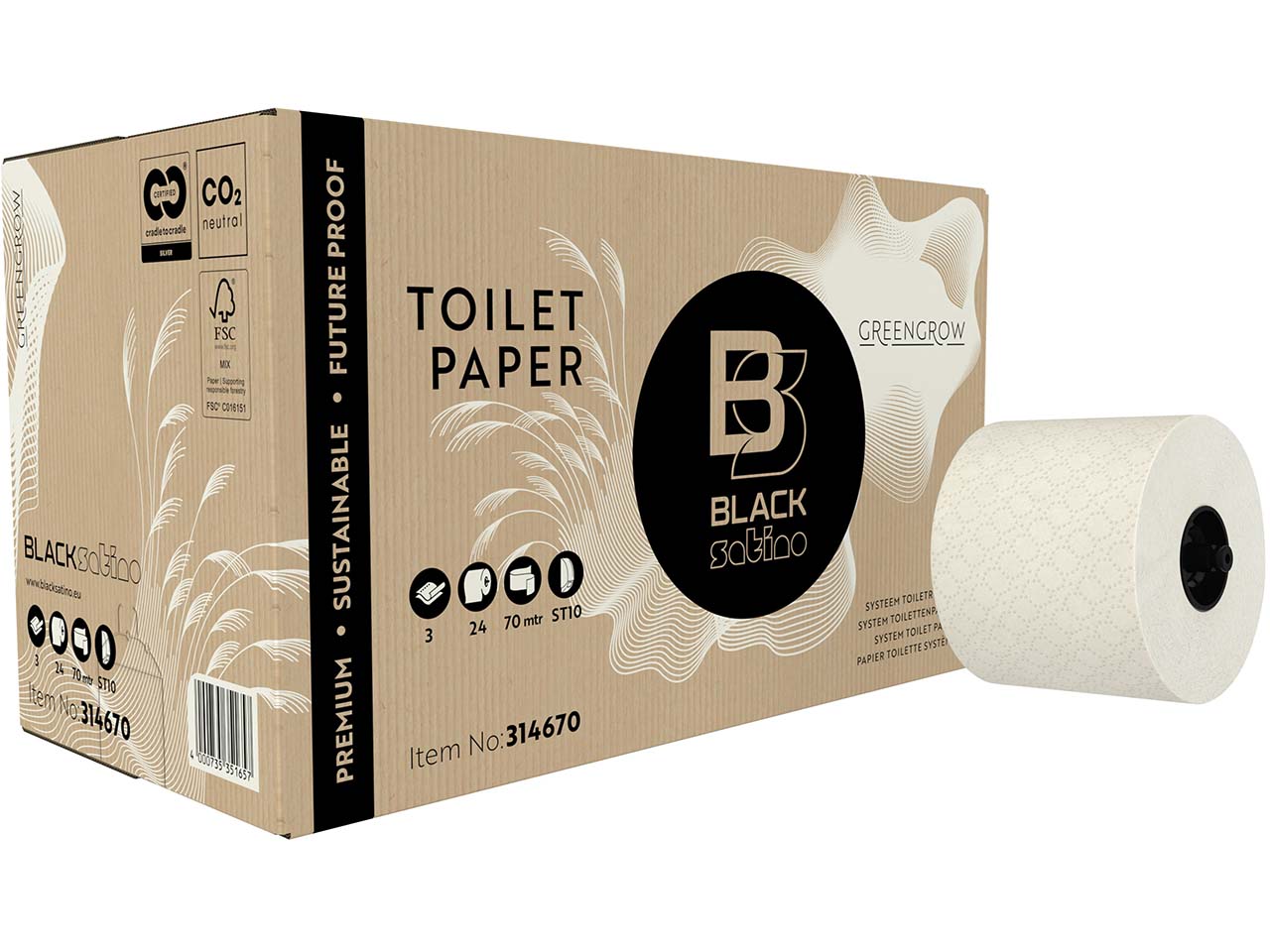 BlackSatino Toilettenpapier "GreenGrow" 3-lagig, 24 Rollen á 507 Blatt