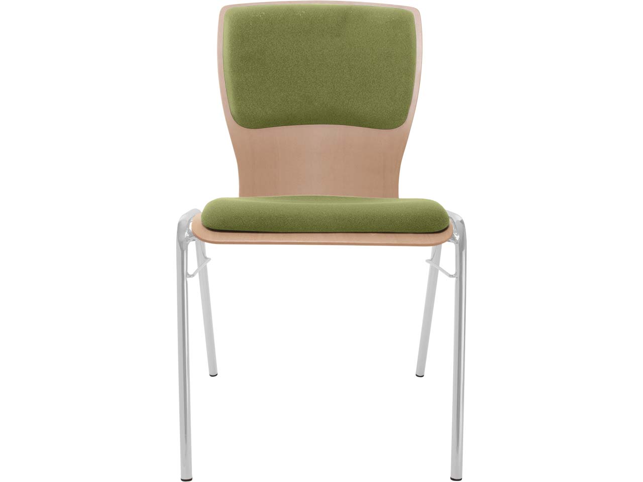 Besucherstuhl "A29" Buche lackiert, Gestell silber, Steg, Sitz- und Rückenpolster hellgrün