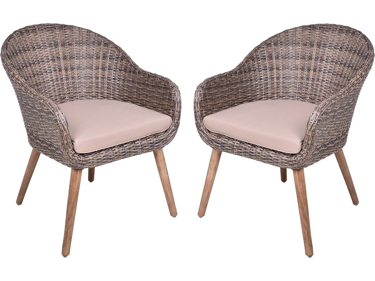2er Pack Gartensessel "PUEBLO" Akazie, mit Auflage taupe, Kunststoffgeflecht dunkelbraun