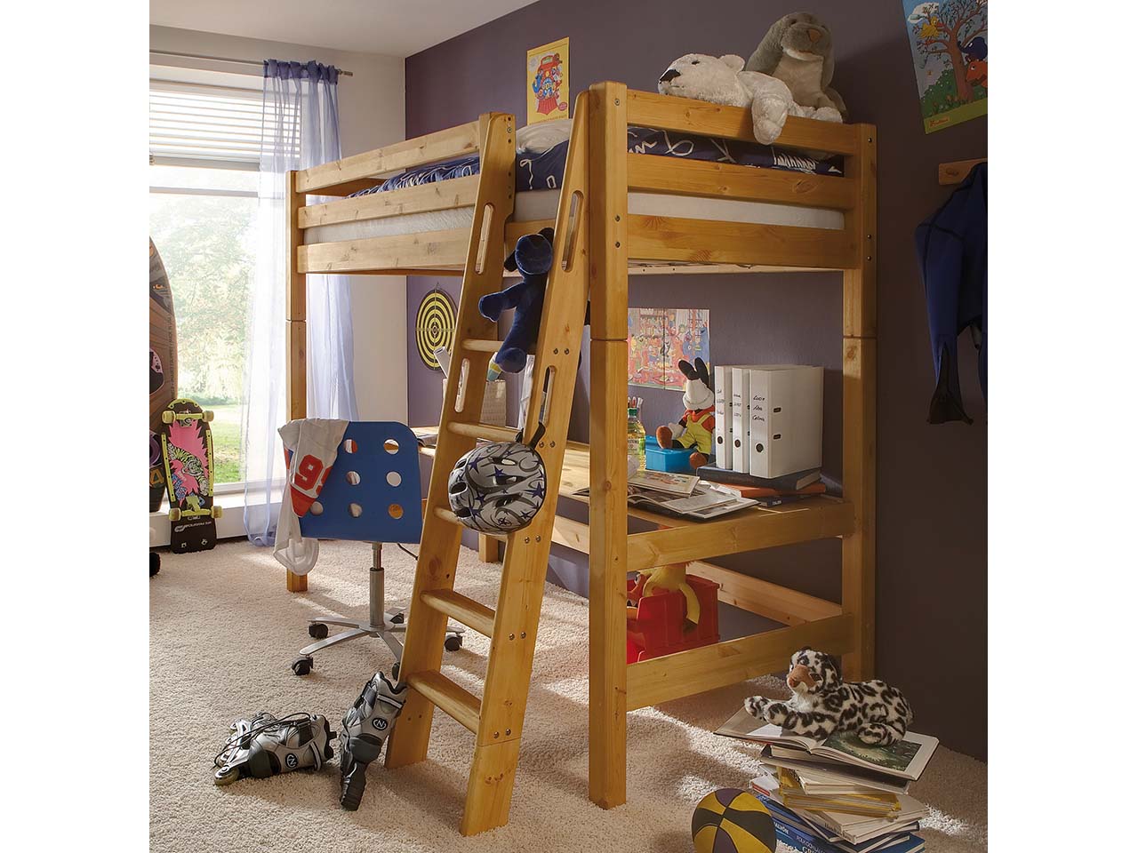 Hochbett "Infanskids" hoch, 90x200 cm, Höhe 180 cm, Leiter schräg, Kiefer geb./geölt