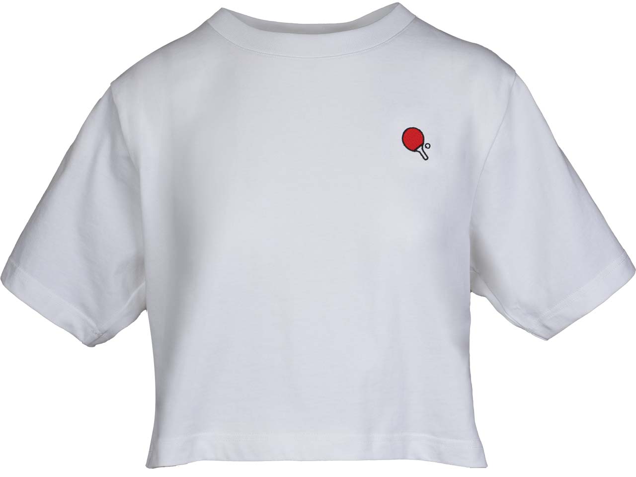 MELA Bio-Damen-T-Shirt "JOSHNA" mit Ping-Pong-Stickerei, weiß, cropped, Gr. M