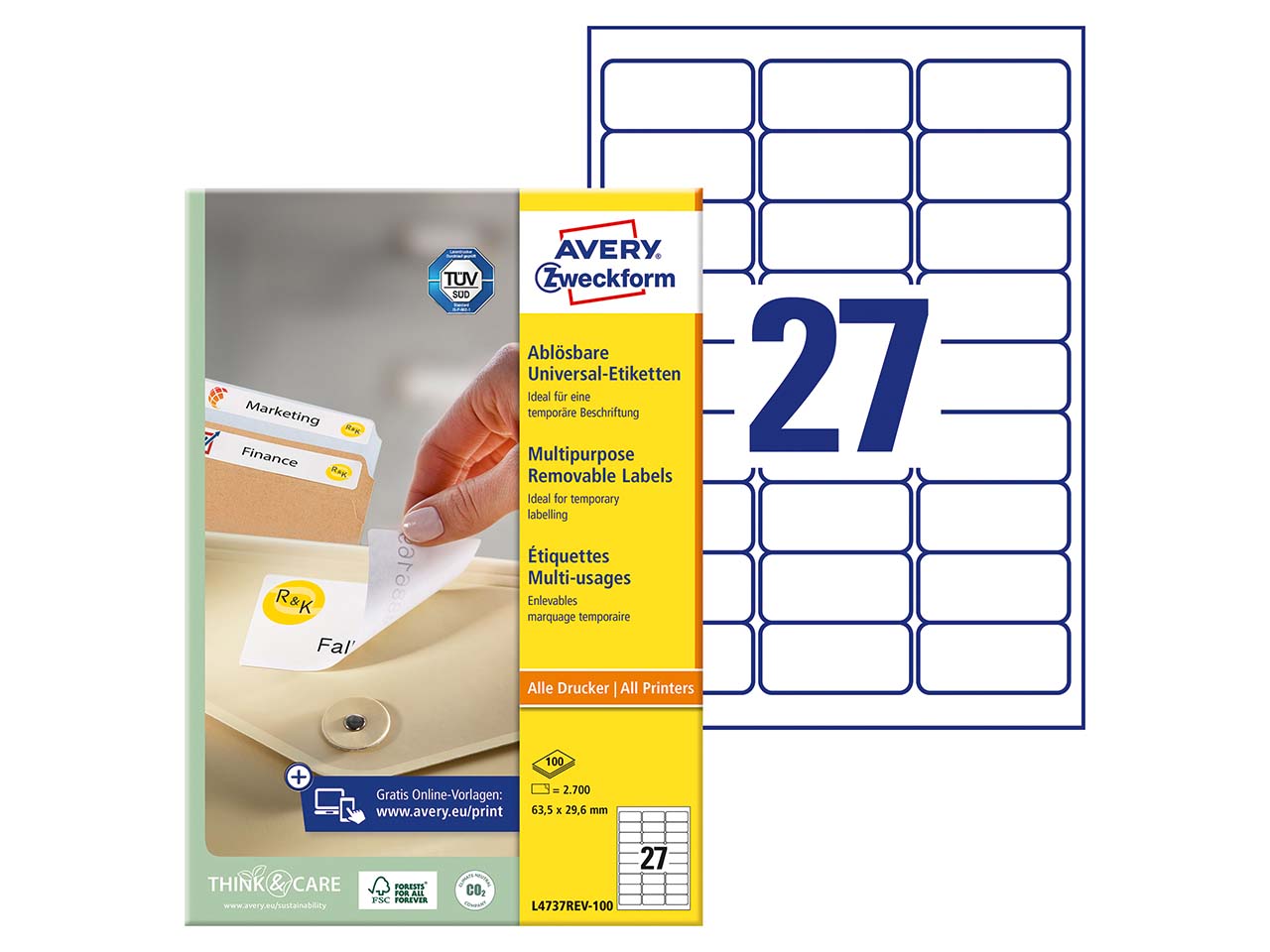 2.700 Avery Zweckform Universaletiketten 63,5 x 29,6 mm, A4, wiederablösbar