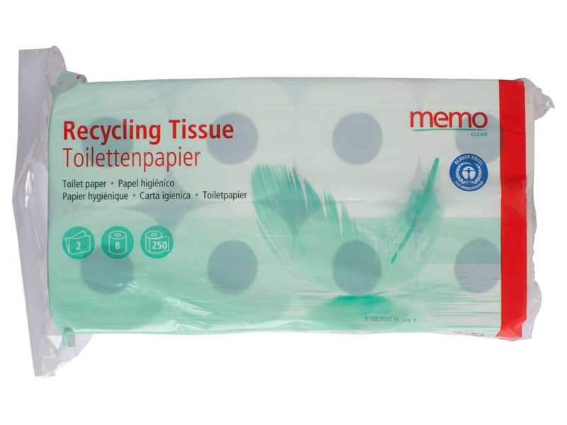 Das memo Toilettenpapier „Recycling Tissue“ besteht zu 100 % aus recycelten Papierfasern